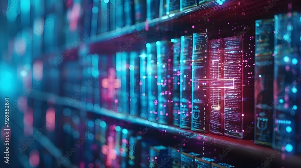 Poster futuristic high tech library with holographic texts and scrolls
