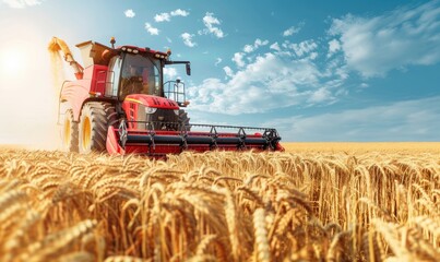 Fototapeta premium A red tractor is efficiently harvesting golden wheat in a field under a clear blue sky during a bright sunny day