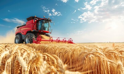 Obraz premium A red tractor is efficiently harvesting golden wheat in a field under a clear blue sky during a bright sunny day