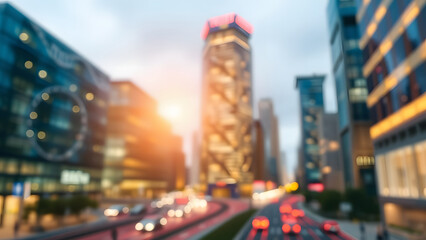 Blurred Cityscape with Traffic and Sun Glare
