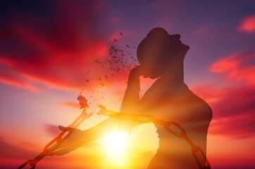 Double exposure. beautiful woman and free bird