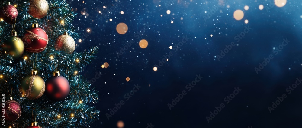 Wall mural christmas tree with colorful decorations on dark blue background with bokeh lights and copy space fo