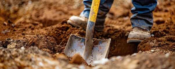 shovel being used to dig into the earth, capturing the essence of labor and manual work in digging and construction