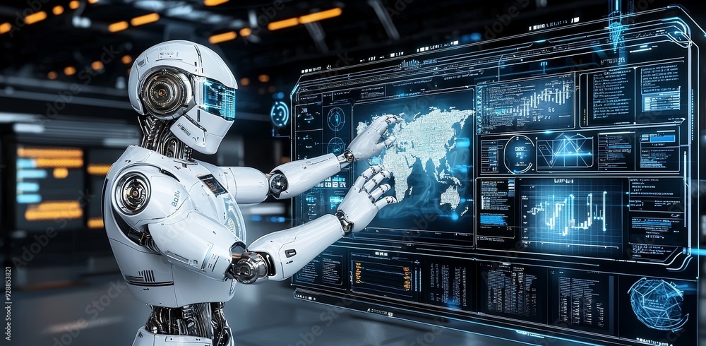 Poster the cyber digital world consists of android robots pointing fingers, computer code, stock chatbots, 