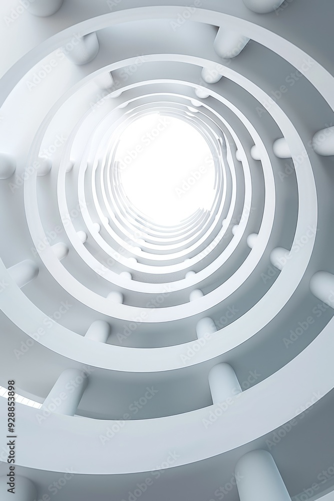 Poster a futuristic building with a spiral design and a bright light source in the center, suitable for sci