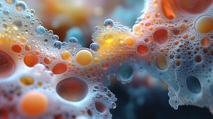 Close-up abstract macro photo of colorful liquid bubbles in water.