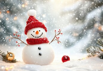 happy snowman character with branches and red hat in hand, standing on the white winter background