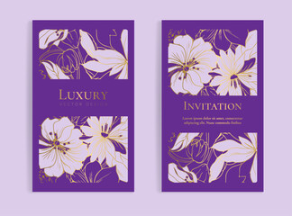 Purple and gold luxury invitation card design with vector ornament pattern. Vintage template. Can be used for background and wallpaper. Elegant and classic vector elements great for decoration.