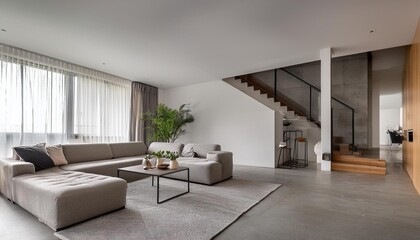 Obraz premium Modern Minimalist Living Room Interior Design with Concrete Stairs