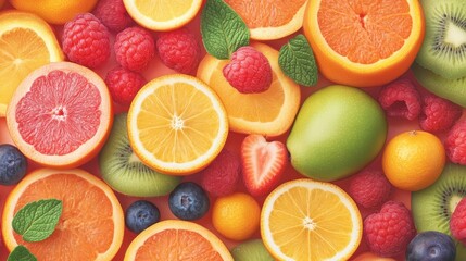 A vibrant assortment of fresh fruits including oranges, kiwis, and berries arranged beautifully on a wooden surface.