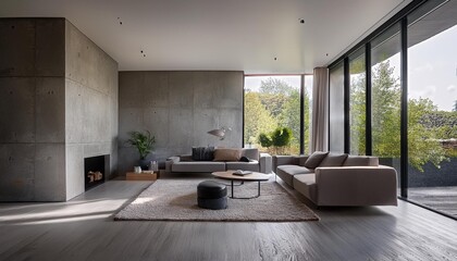 Modern Minimalist Living Room Interior Design with Concrete Walls and Large Windows