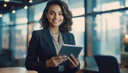 Fototapeta premium Modern Vision: A Mixed-Race Businesswoman Commanding the Digital Age