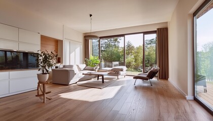 Fototapeta premium Modern Minimalist Living Room with Wooden Floors and Large Windows