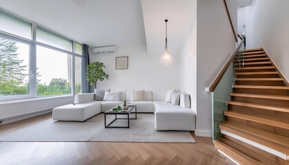 Modern Minimalist White Interior Design Living Room with Stairs