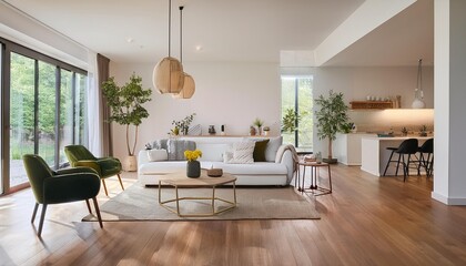 Fototapeta premium Modern Open Concept Living Room Design with White Walls and Wooden Floors
