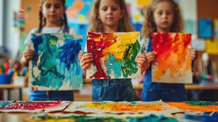 Children proudly display their colorful artwork in a lively classroom setting during a creative art session