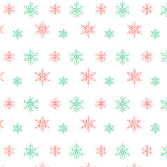 Snowflakes seamless pattern.Christmas repeat pattern with red and green snowflake on white background.Vector graphic illustration.