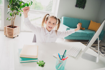 Photo portrait of cute small schoolgirl winning celebrate raise fists home education concept school interior