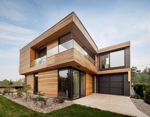 Modern Two Story Home With Large Windows and Wooden Exterior