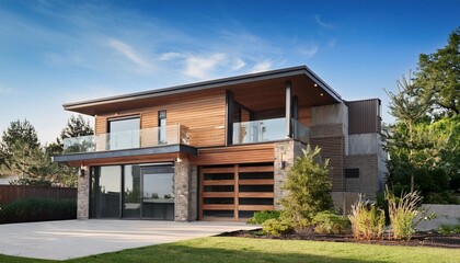 Fototapeta premium Modern Two Story Home with Wooden Accents