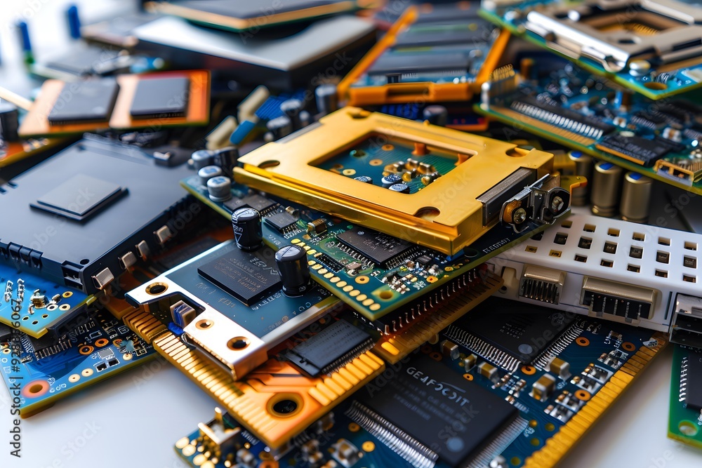 Poster a colorful array of circuit boards and microchips