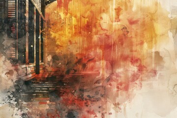 A illustration of a building featuring a large clock tower