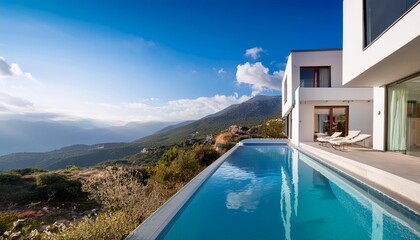 Fototapeta premium Modern White House with Infinity Pool and Mountain View