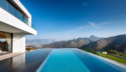 Fototapeta premium Modern White House with Infinity Pool and Mountain View