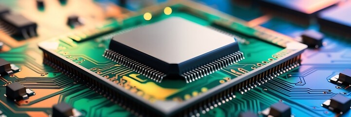 processor or a graphic card, technological device storing memory, hardware close up, neon led lights