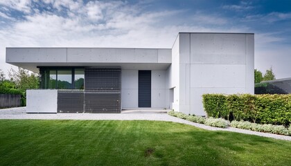 Modern White House with Grey Concrete Wall and Green Landscaping