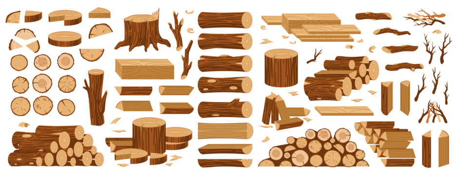 Cartoon wooden timbers. Tree logs and trunks, chopped firewood, stacked planks, woodwork bars and washers, nature materials, forest construction materials isolated tidy vector set