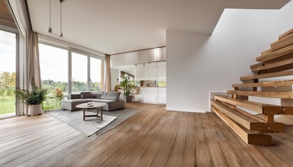 Modern White Interior Design of a Loft with a Staircase and a Wooden Deck