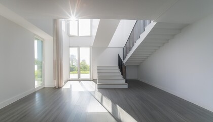 Modern White Interior Design with Stairs and Sunlight