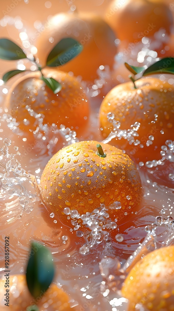 Poster close-up of juicy oranges splashing in water, creating a refreshing and vibrant scene.