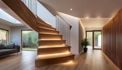 Obraz premium Modern Wooden Staircase With Light Strip In Minimalist Home