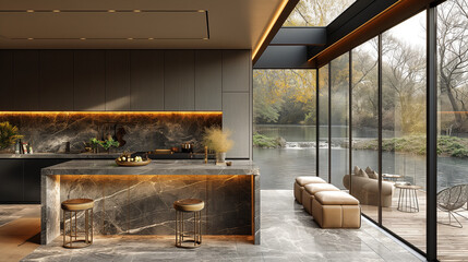 A modern kitchen with marble countertops, an island, and barstools overlooking the river in autumn, featuring natural light, a modern interior design style, an interior view, architectural rendering