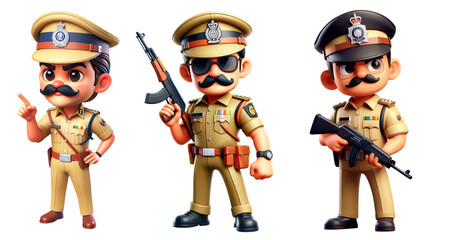 Set of 3D Cartoon style Indian police officer with mustache holding rifle, front view isolated on transparent background 