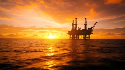 Obraz premium Majestic view of an offshore oil platform silhouetted against a vibrant sunset, with the golden sky reflecting on the calm ocean waters