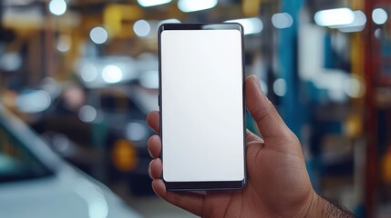 A hand presents a smartphone displaying a blank screen in a lively automotive workshop environment