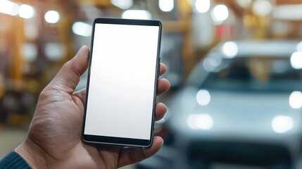 A person is holding a smartphone in a garage, focusing on the device while a car is blurred in the background