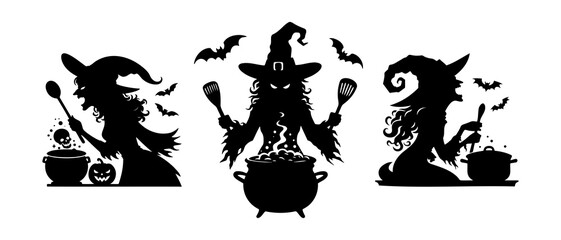 Collection of Halloween witch silhouettes are cooking a potion in a cauldron. Halloween decorations silhouette black filled vector Illustration icon.