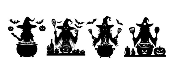 Collection of Halloween witch silhouettes are cooking a potion in a cauldron. Halloween decorations silhouette black filled vector Illustration icon.