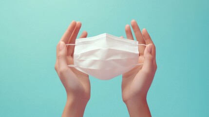 Fototapeta premium Hands Holding a White Surgical Mask against a Soft Blue Background