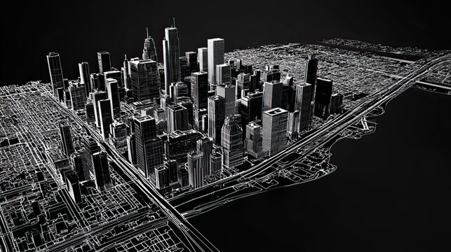 Technical aerial visual, 3D LiDAR GIS aerial map satellite scan model isolated, showing Detroit. Elevation, topography, render