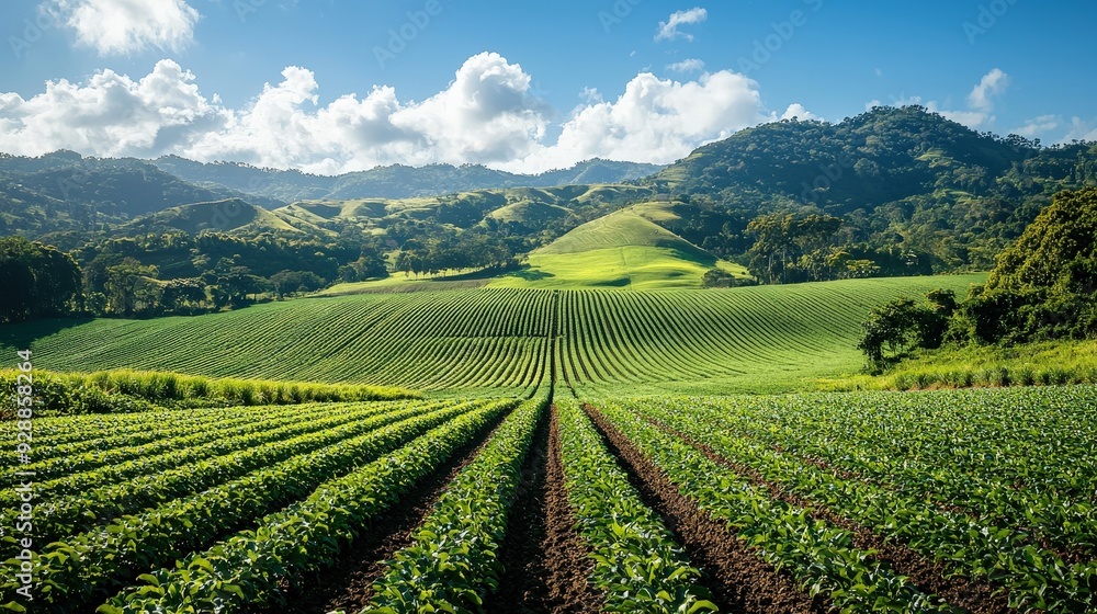 Canvas Prints Rolling hills covered in vibrant green crops stretch under a clear blue sky with fluffy white clouds on a sunny day