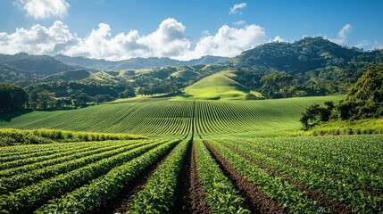 Rolling hills covered in vibrant green crops stretch under a clear blue sky with fluffy white clouds on a sunny day