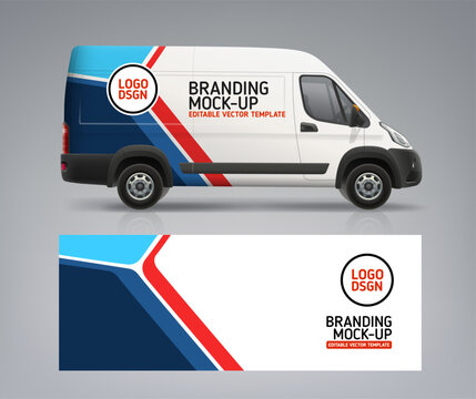 Realistic Branding Van mockup with wrap design. Abstract graphics on freight van. Company delivery vehicle. Branding vehicle. Horizontal banner or flyer design. Editable vector