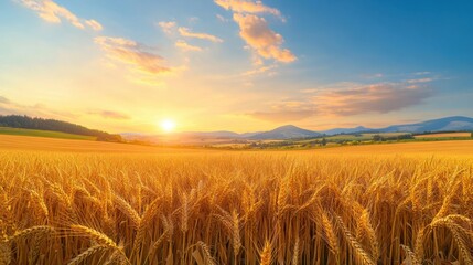 Obraz premium Golden Hour over a Wheat Field. The warm glow of golden hour light bathing a vast wheat field, with a soft, peaceful atmosphere.