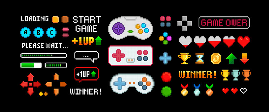 8-bit retro video game gamepad controllers and buttons design - vector pixel graphics. Arcade game pixel icons collections. Console game controllers and navigation buttons