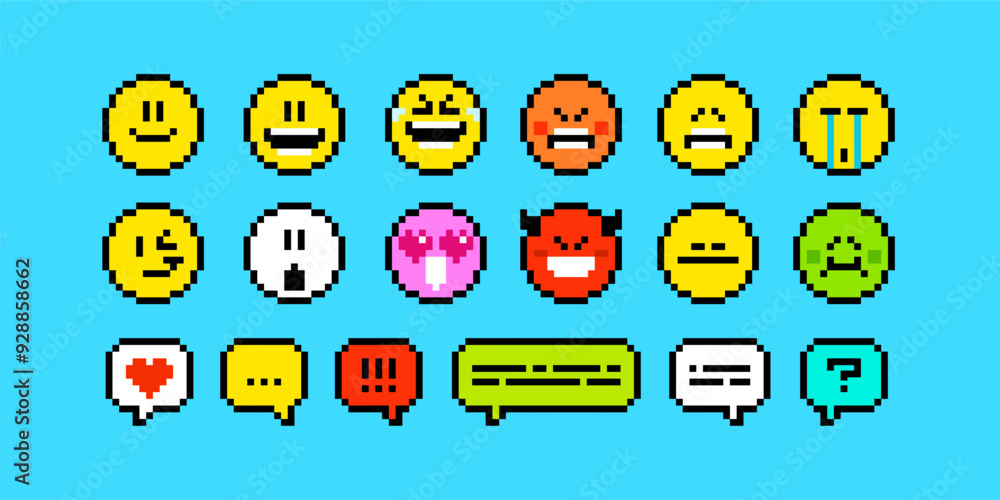 Poster pixel emotions icons in 8-bit retro video game style - editable vector design. funny geek emoticons 